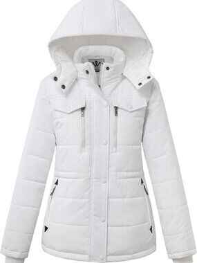 Warm Winter Puffer Coat for Women - Water Resistant, Detachable Hood, Stylish